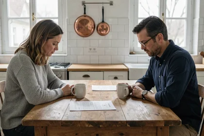 Couple en instance de divorce assis à une table de cuisine avec des documents juridiques entre eux, illustrant la réalité du divorce en France