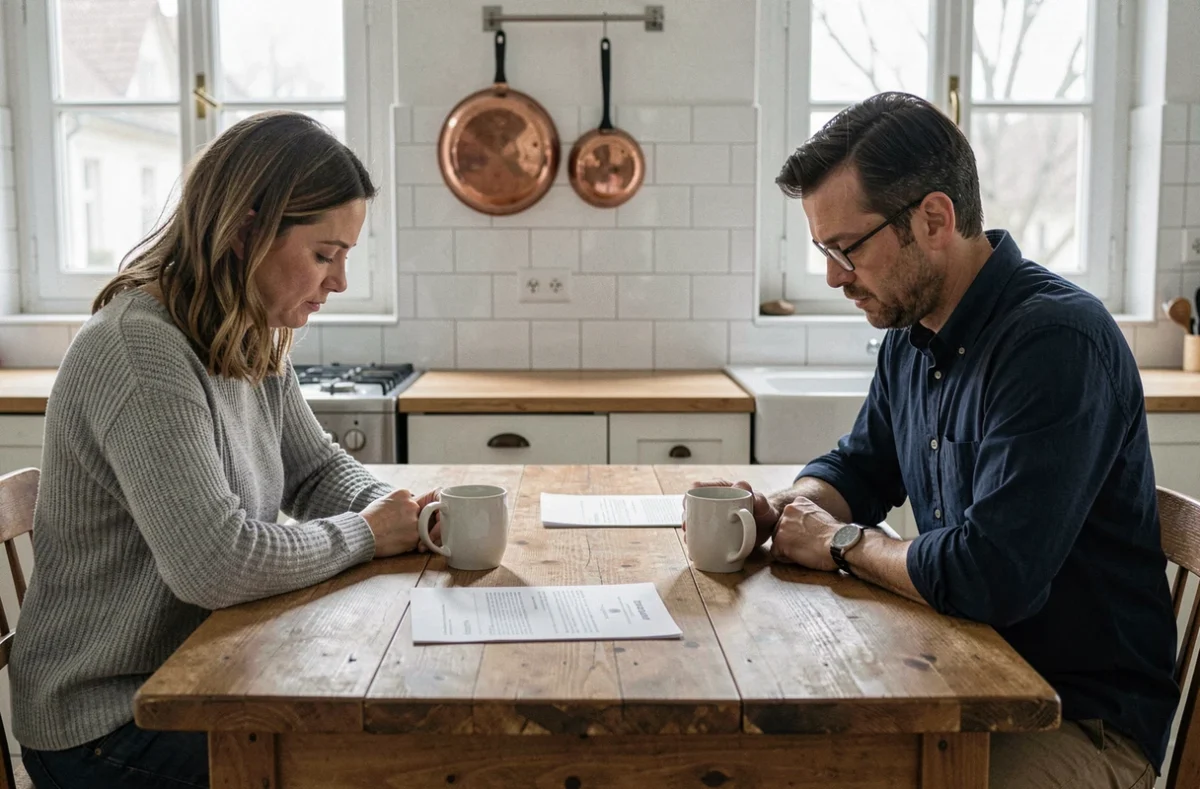 Couple en instance de divorce assis à une table de cuisine avec des documents juridiques entre eux, illustrant la réalité du divorce en France