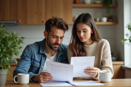 Jeune couple lisant des documents dans une cuisine chaleureuse