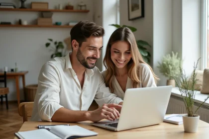 Jeune couple choisissant leur liste de naissance en ligne sur un ordinateur portable dans un appartement scandinave chaleureux