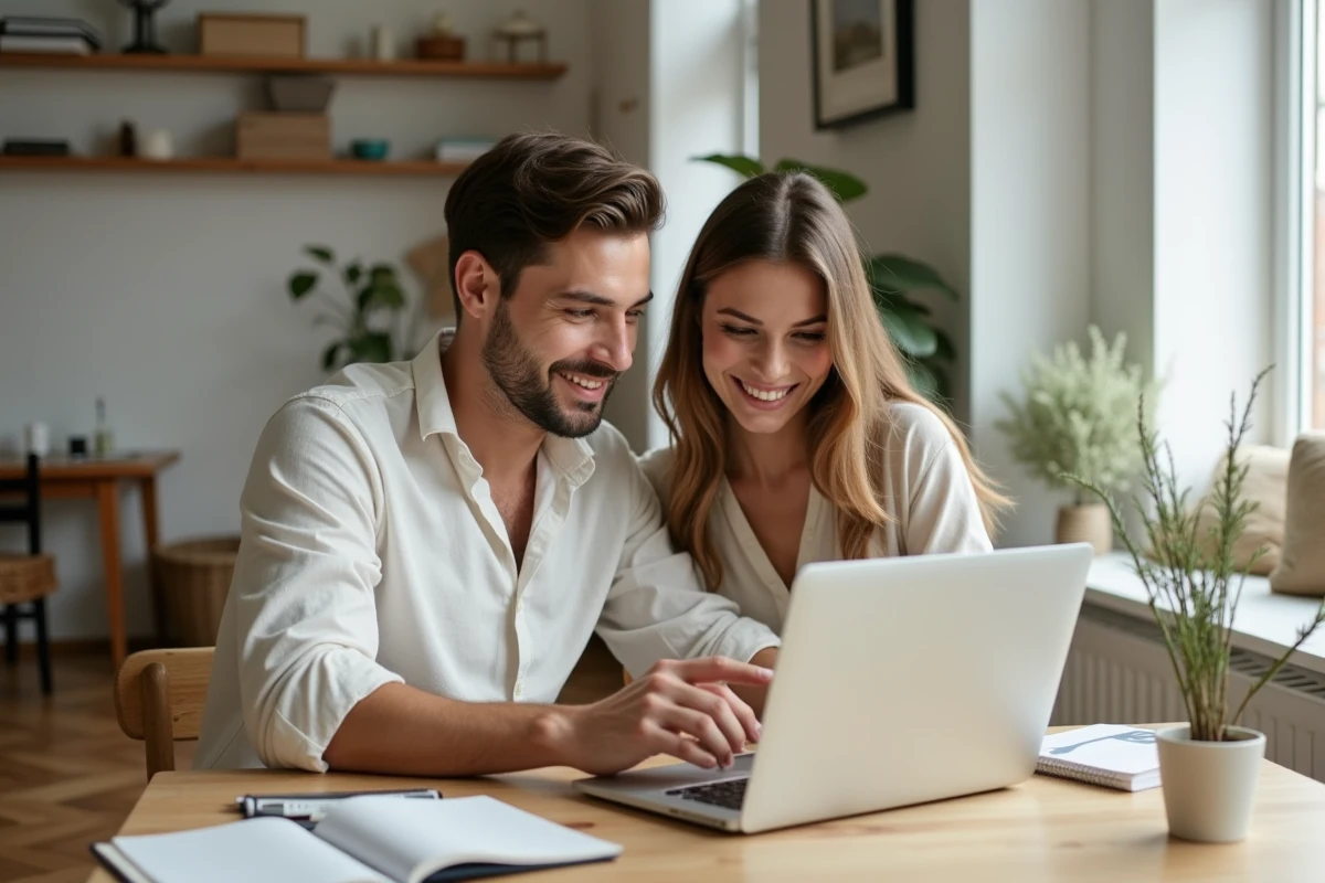 Jeune couple choisissant leur liste de naissance en ligne sur un ordinateur portable dans un appartement scandinave chaleureux