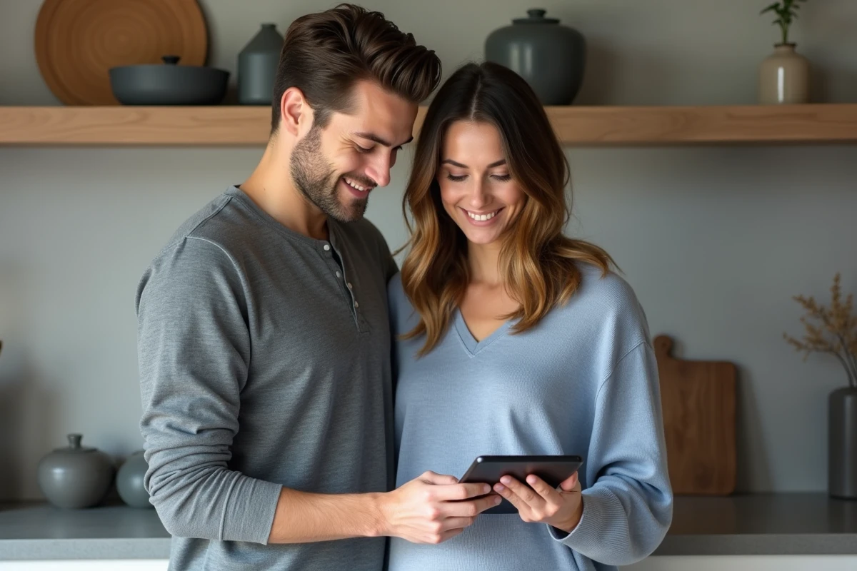 Couple de futurs parents consultant une liste de naissance minimaliste sur tablette dans une cuisine moderne épurée