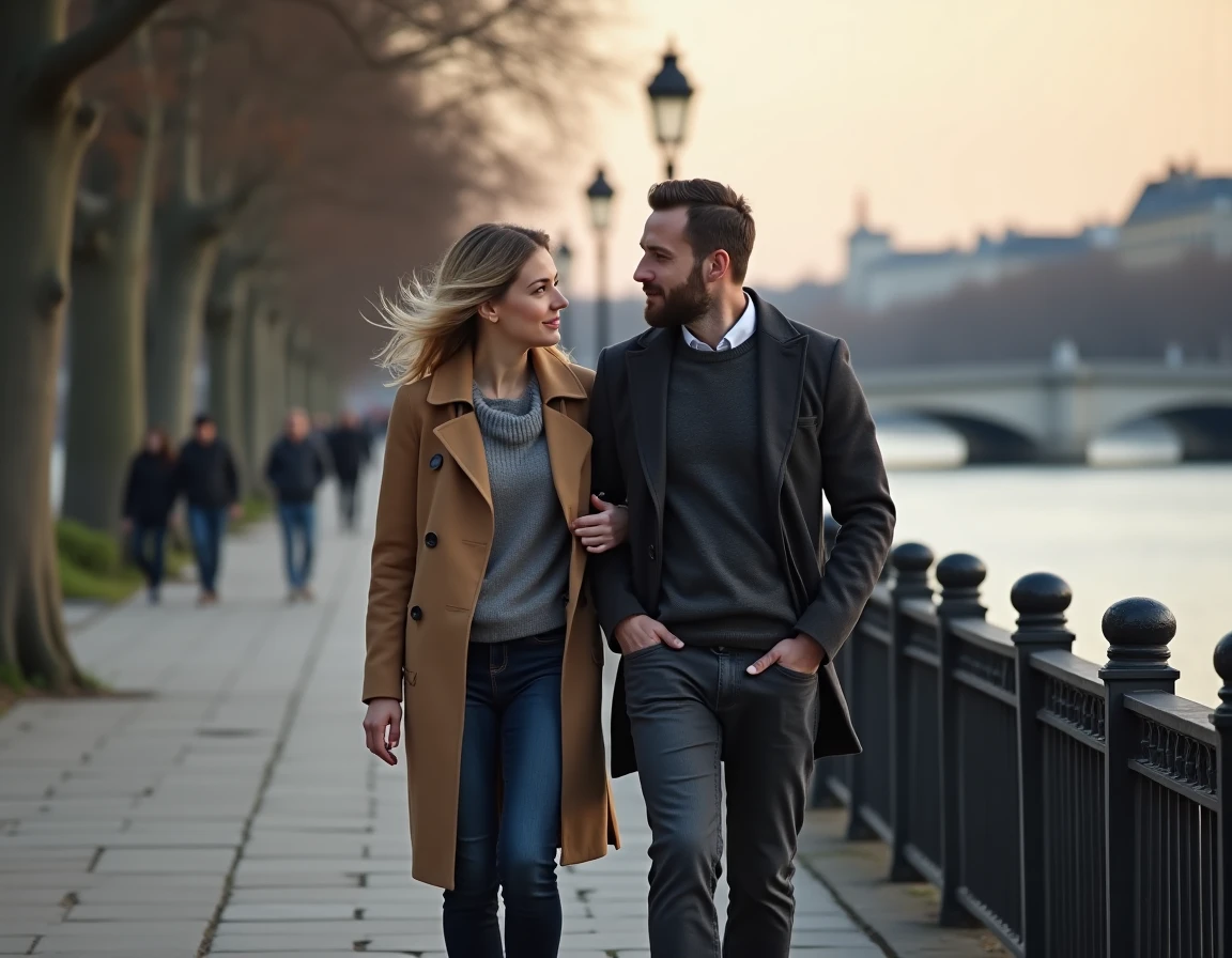Couple se promenant le long de la Seine à Paris, illustrant la relation intime et discrète d'un personnage public et son mari