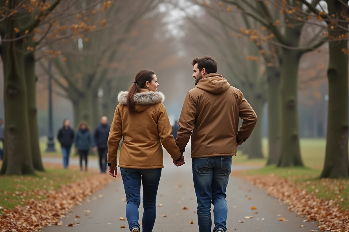 Couple se promenant dans un parc en automne main dans la main, complicité intime et discrète entre partenaires