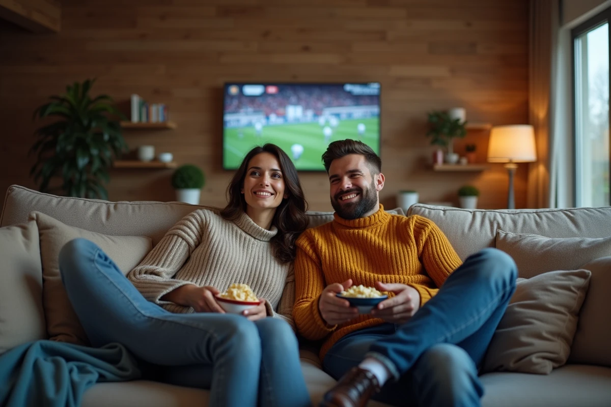 Couple d&eacute;tendu regardant un match &agrave; la t&eacute;l&eacute;vision &agrave; la maison