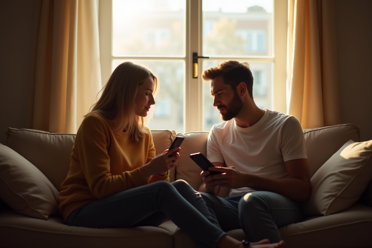 Couple assis sur le canapé regardant leur téléphone