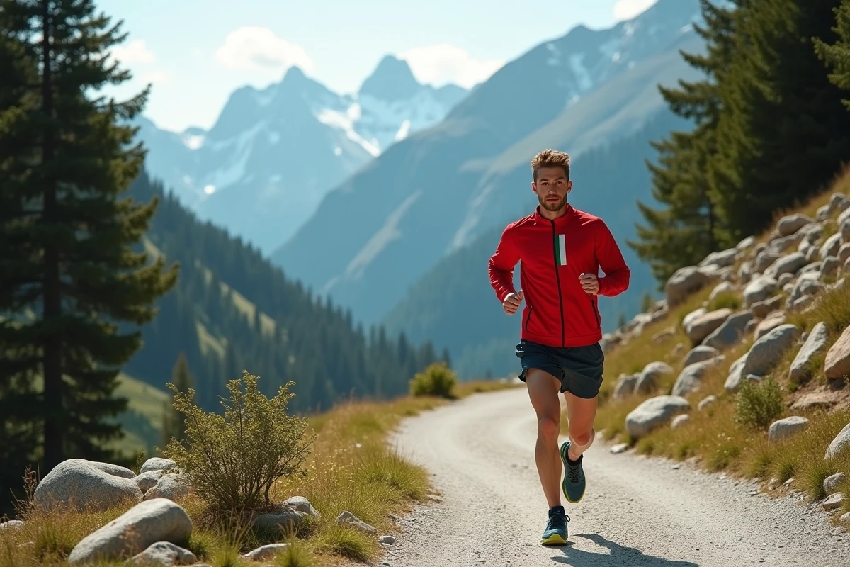 Jeune homme sportif courant dans les Dolomites en montagne