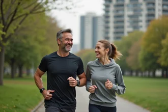 Homme et femme courant dans un parc urbain au matin