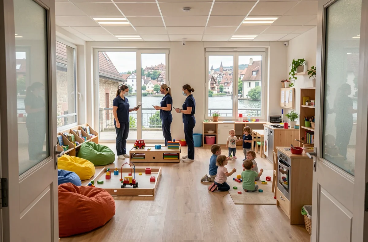 Vue d'ensemble de l'espace de vie d'une crèche collective d'Annecy avec plusieurs espaces d'activités