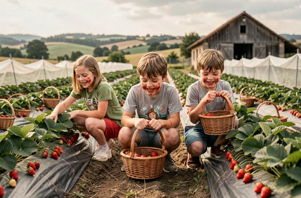 Enfants cueillant des fraises dans une ferme à la campagne près de Toulouse en été