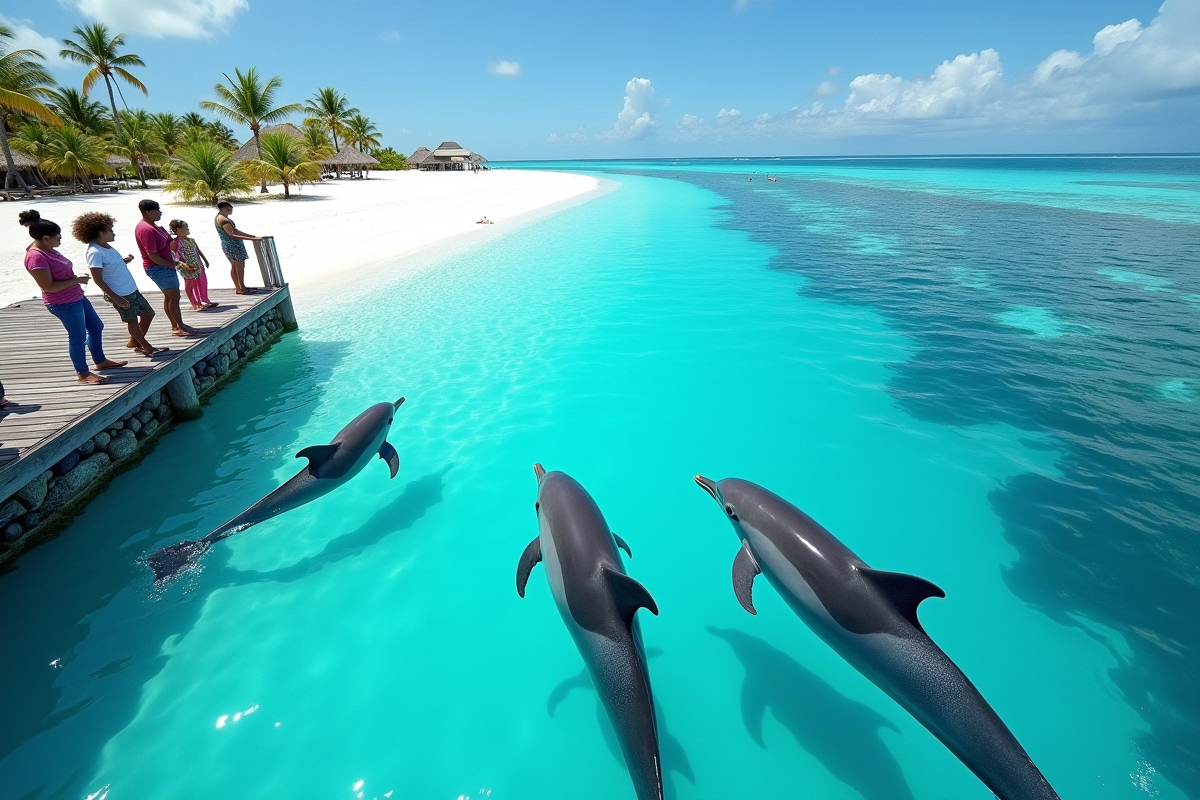 Dauphins nageant près du rivage avec récifs colorés