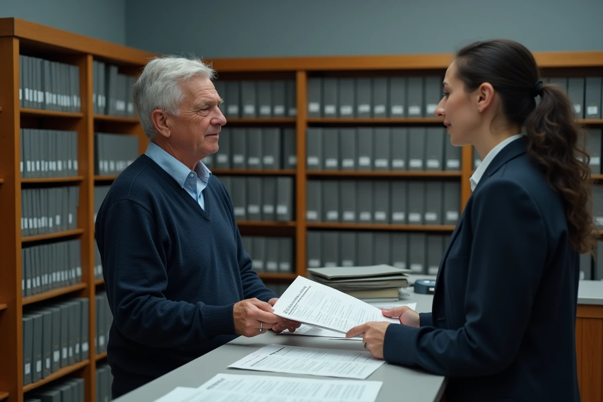 Homme déposant une demande de consultation de registres d'état civil dans une salle des archives publiques