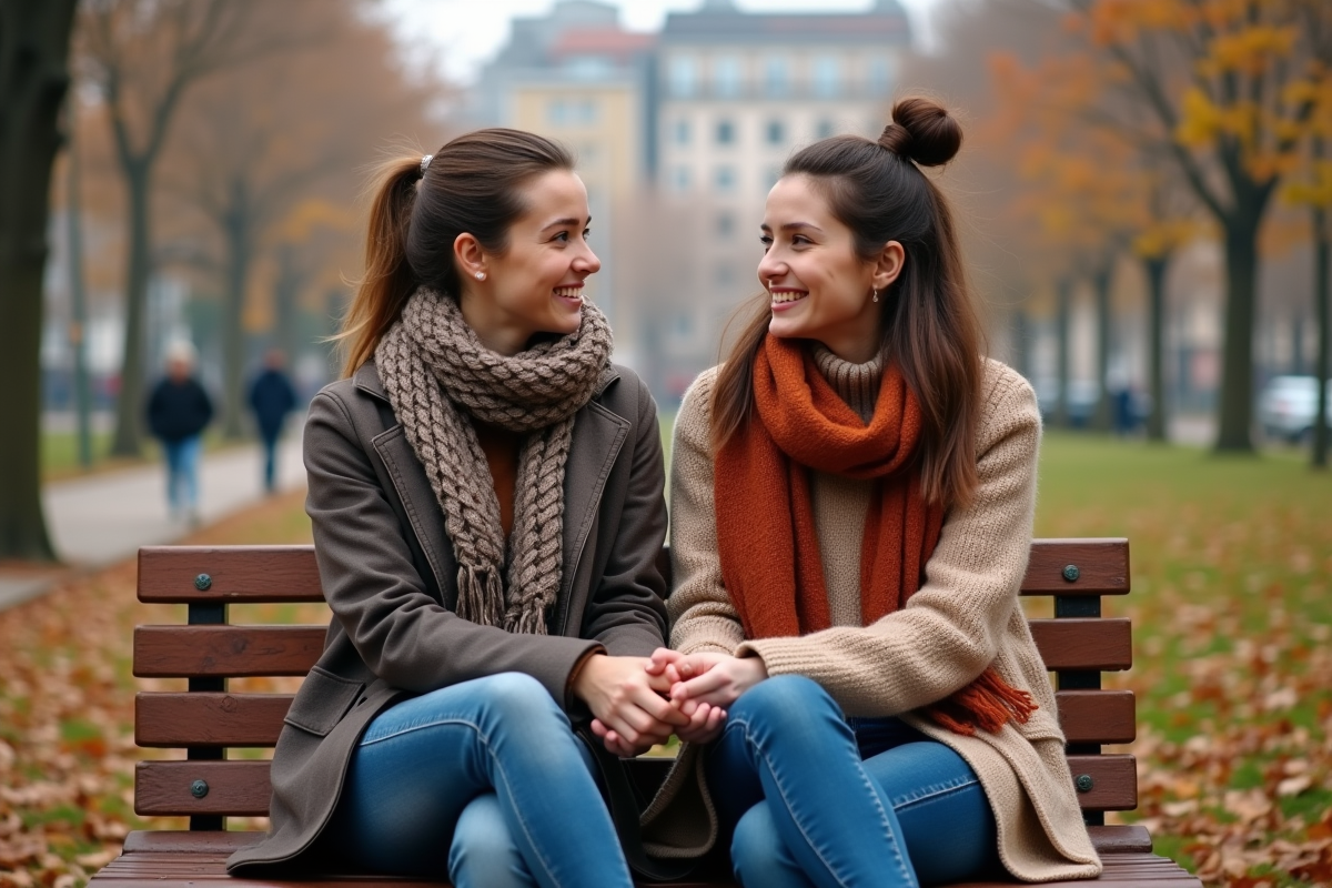 Deux femmes discutant dans un parc urbain en automne