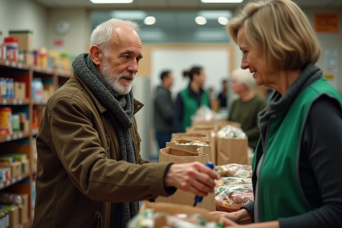 Homme âgé recevant une aide alimentaire dans un centre de distribution associatif