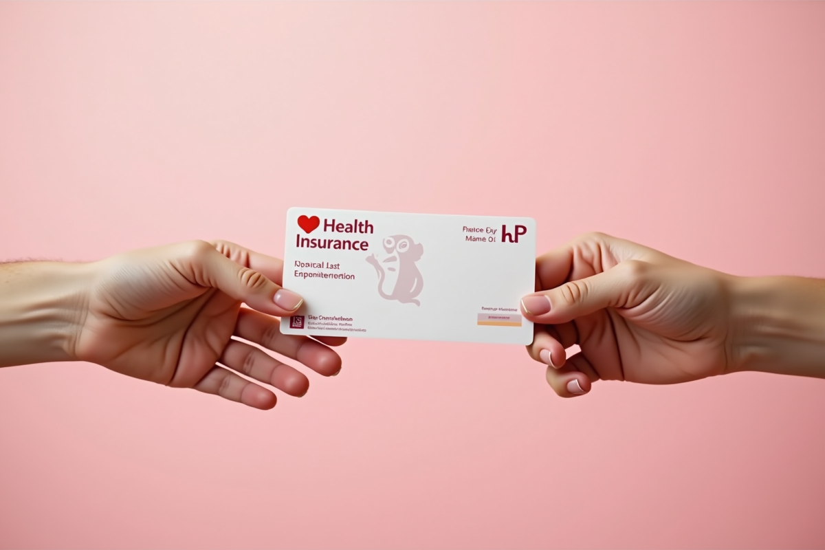 Echange de carte santé entre deux mains sur fond rose