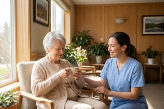 Une résidente âgée et une aide-soignante bienveillante dans le salon d'un EHPAD moderne à Nice, illustrant l'accompagnement personnalisé des seniors en maison de retraite