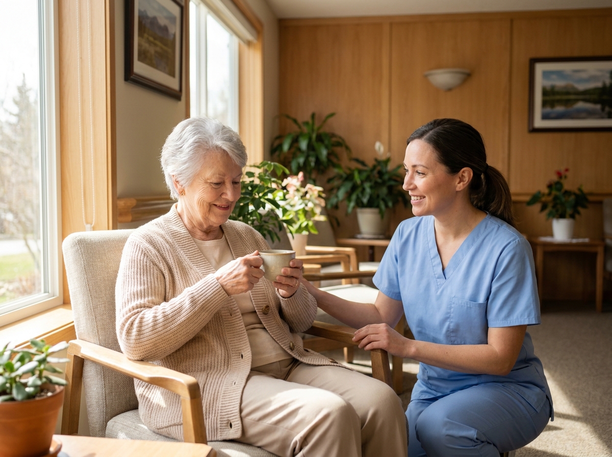 Une résidente âgée et une aide-soignante bienveillante dans le salon d'un EHPAD moderne à Nice, illustrant l'accompagnement personnalisé des seniors en maison de retraite