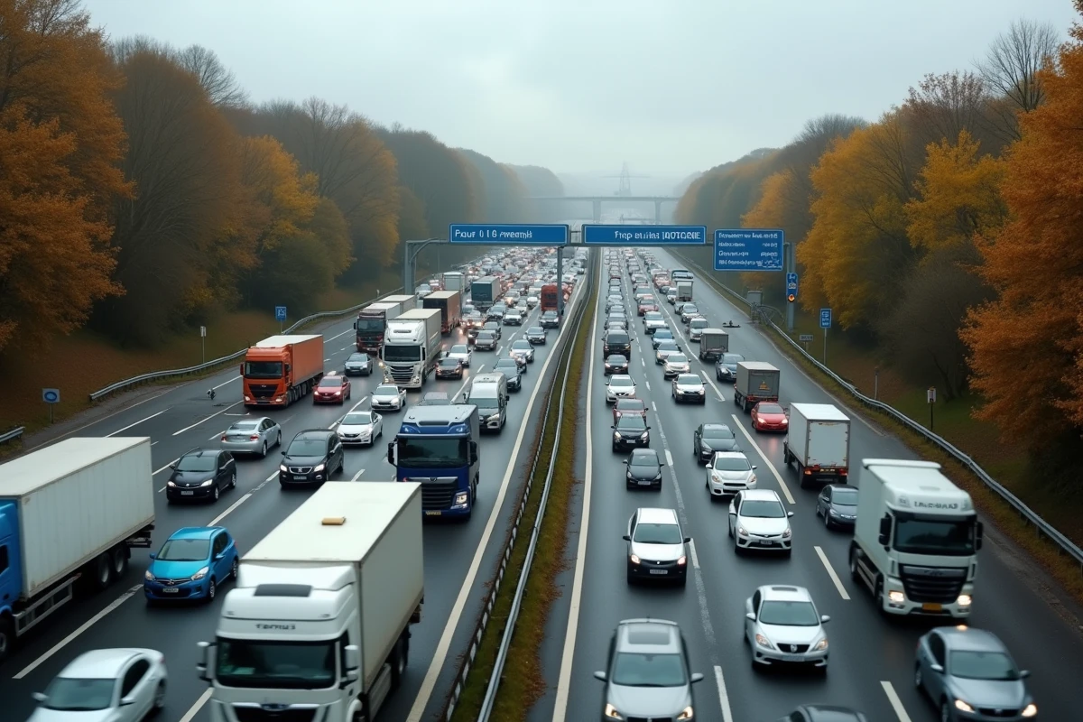 Embouteillage sur une autoroute française pendant les vacances de la Toussaint avec des files de voitures à l'arrêt