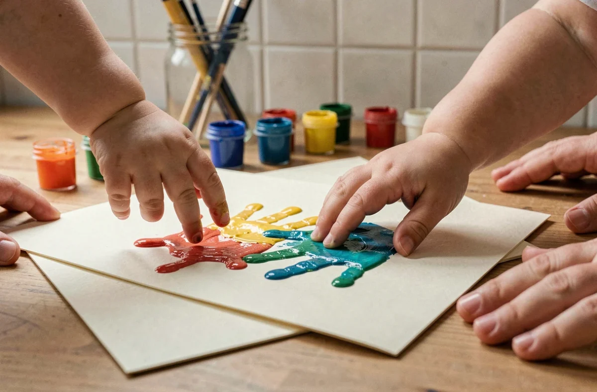 Petites mains d'enfant imprimant des empreintes colorées sur une carte de vœux souvenir faite maison