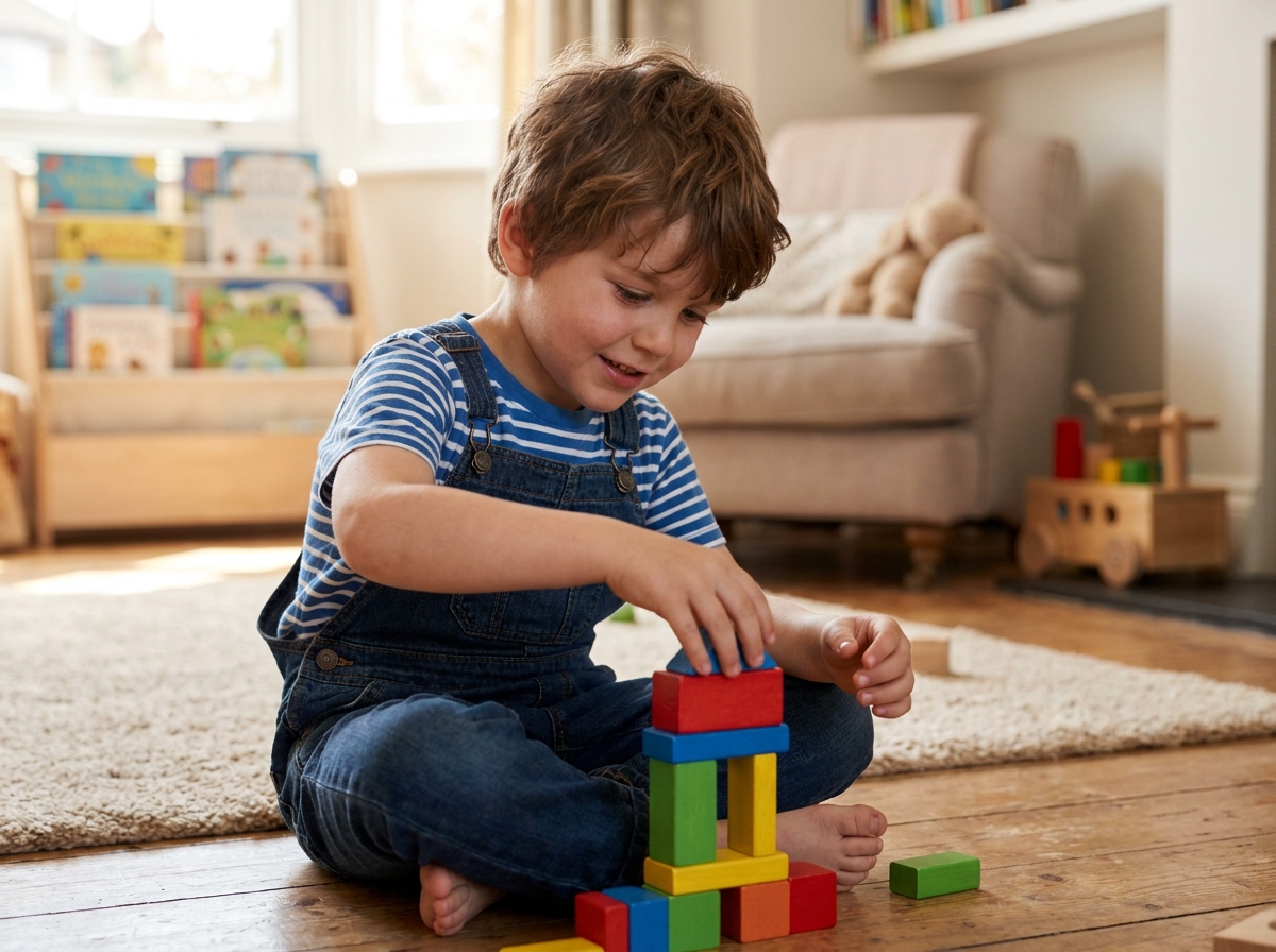 Petit garçon de 5 ans jouant avec des cubes en bois colorés sur le sol d'un salon chaleureux, sans tablette ni écran