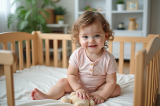 Petite fille souriante dans un parc intérieur en bois