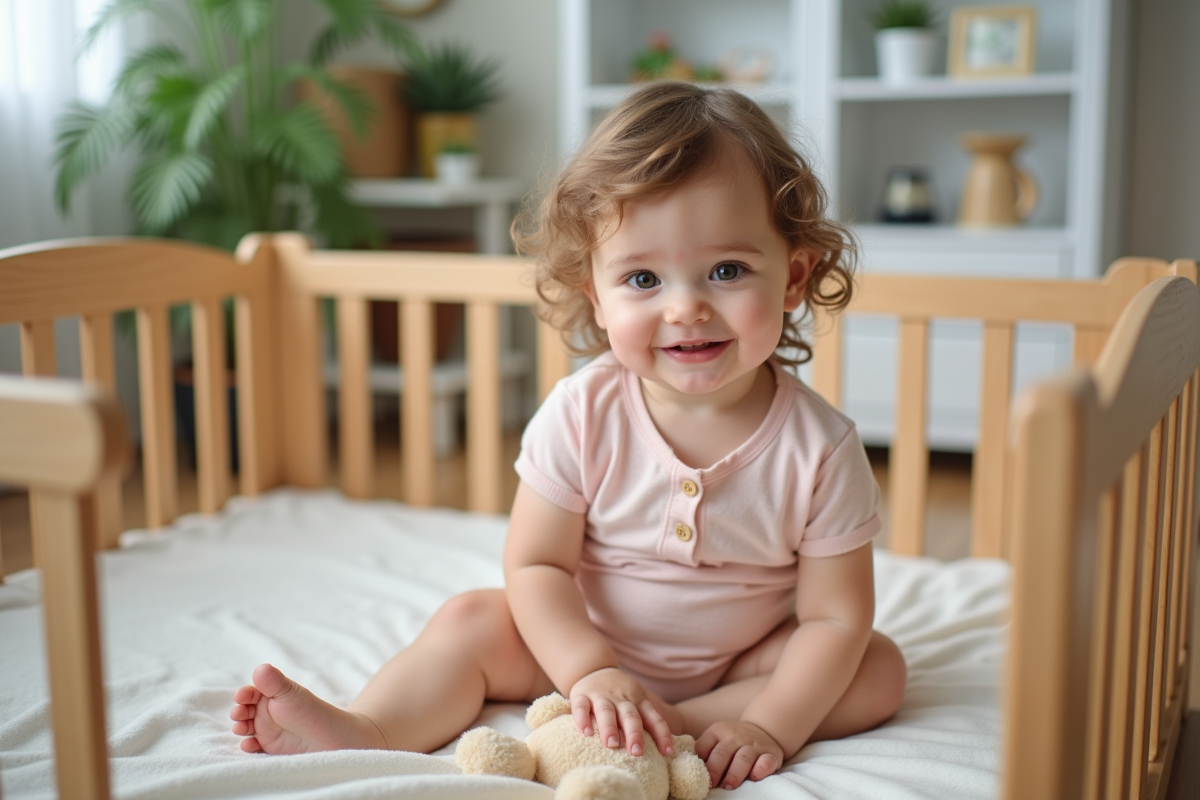Petite fille souriante dans un parc intérieur en bois