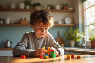 Garçon de 9 ans construisant un modèle coloré avec des blocs éducatifs