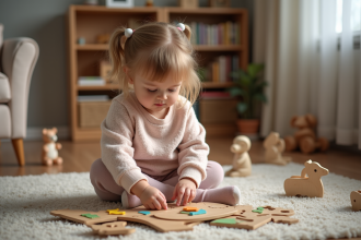 Petite fille concentrée à assembler un puzzle coloré dans un salon cosy