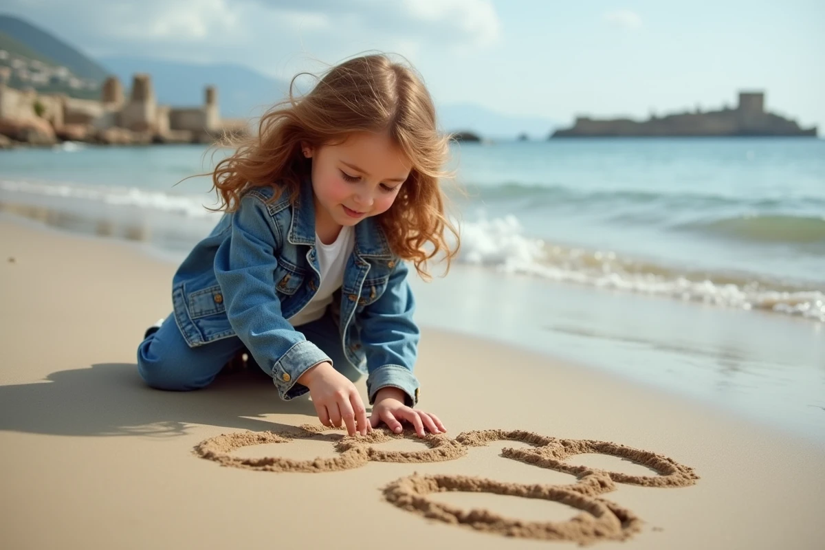 Fille préadolescente traçant des lettres grecques dans le sable