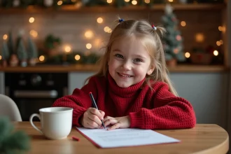 Fille souriante écrivant une lettre à Santa dans une maison chaleureuse