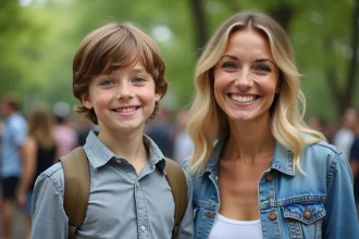 Jeune garçon et femme souriant en plein air dans un parc urbain