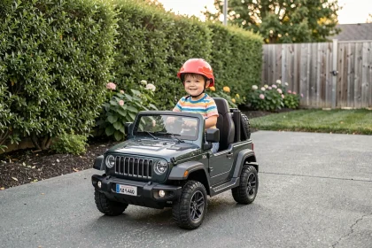 Enfant portant un casque de sécurité rouge assis dans une petite Jeep électrique pour enfant sur une allée de jardin