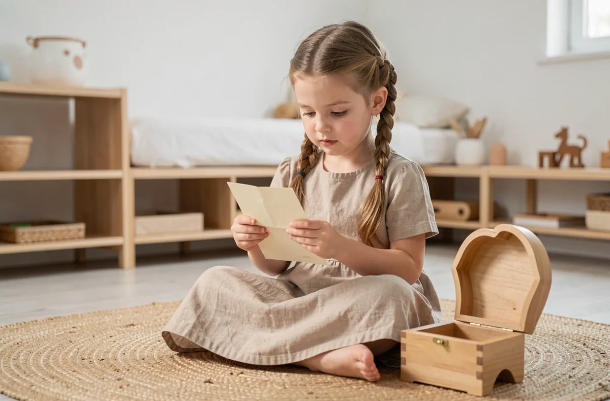 Petite fille lisant une lettre de la petite souris en autonomie dans sa chambre Montessori