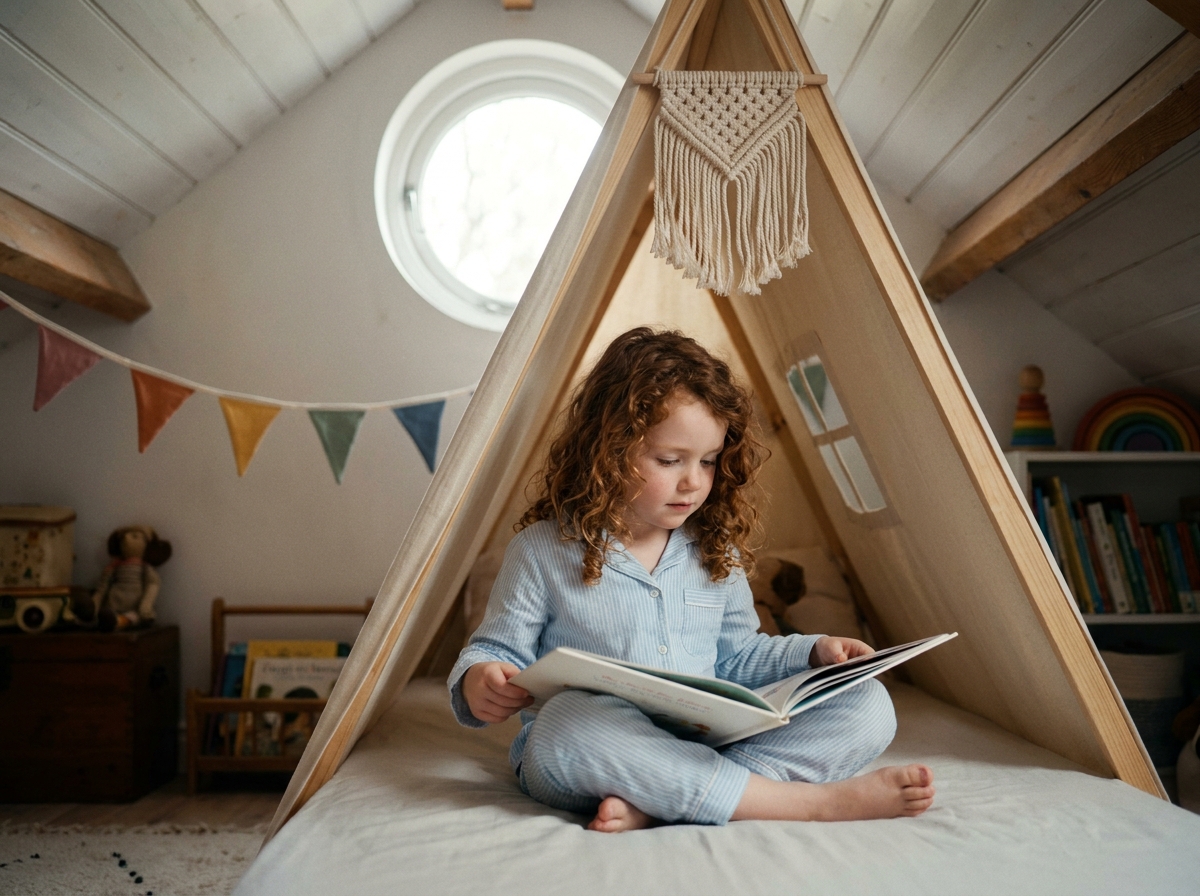 Petite fille lisant dans son lit tipi dans une chambre mansardée chaleureuse
