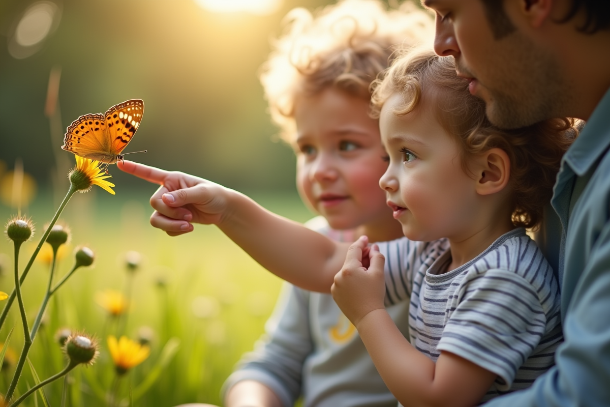 Jeune enfant observe un papillon avec un adulte
