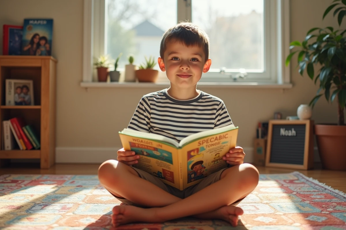 Enfant prénommé Noah lisant un livre illustré sur des récits bibliques dans un salon familial américain chaleureux