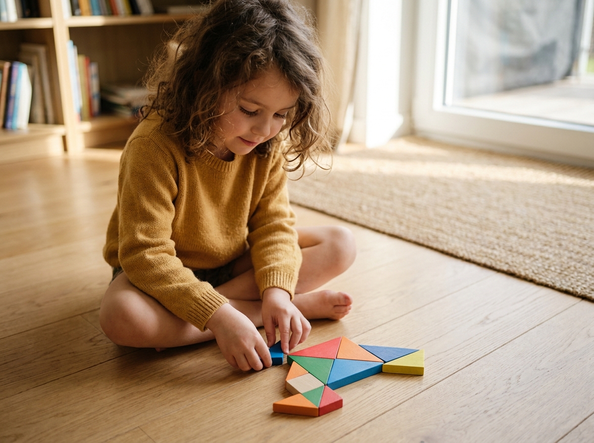Petite fille apprenant les formes géométriques en jouant avec un tangram en bois coloré sur un parquet en chêne