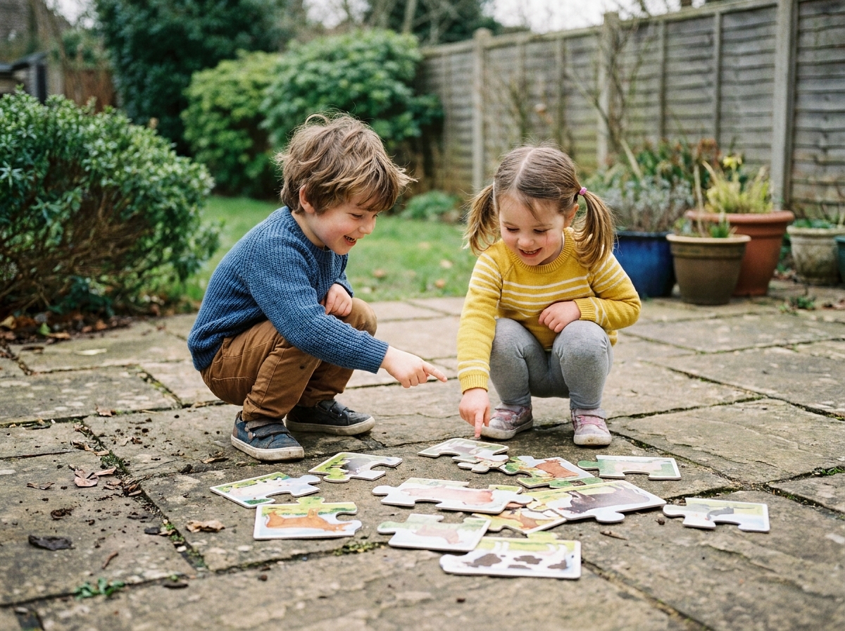 Deux enfants de 5 ans jouant ensemble à un puzzle en plein air sur une terrasse en pierre, jeu éducatif sans tablette