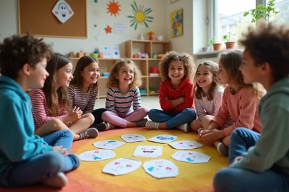 Groupe d'enfants diversifiés assis en cercle dans un centre de loisirs, partageant des cartes d'émotions lors d'une activité de vivre-ensemble