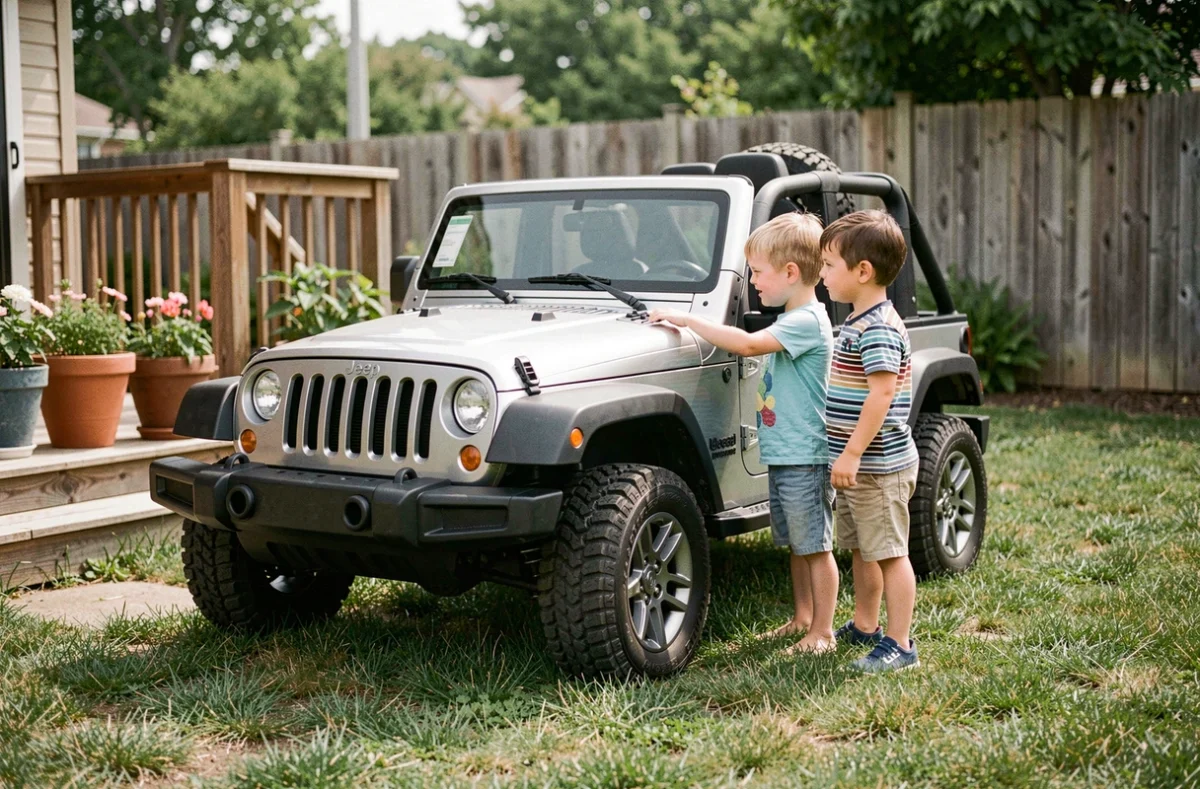 Deux enfants d'âges différents observant et comparant une Jeep électrique pour enfants dans un jardin résidentiel