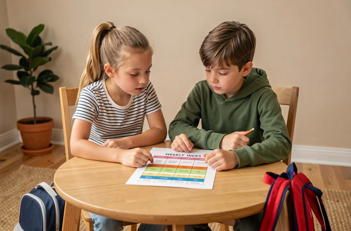 Deux enfants consultant le calendrier de garde alternée semaine paire et impaire 2026 à table