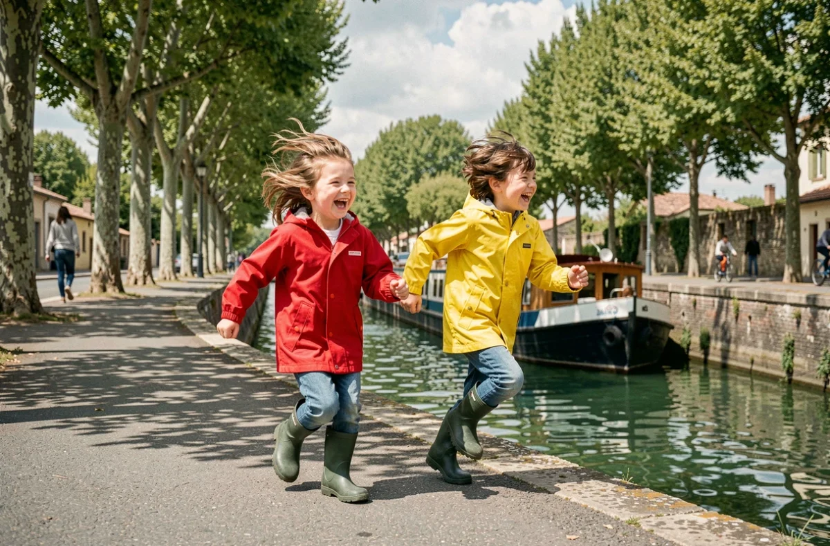 Enfants courant sur le chemin de halage du Canal du Midi près de Toulouse au printemps