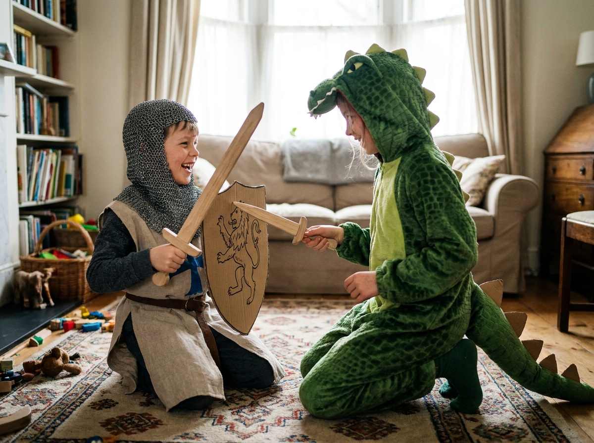 Deux enfants déguisés en chevalier et dragon jouant ensemble dans un salon, développant leur créativité par le jeu de rôle