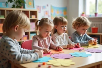 Groupe de tout-petits créant des fleurs en papier pour la fête des mères