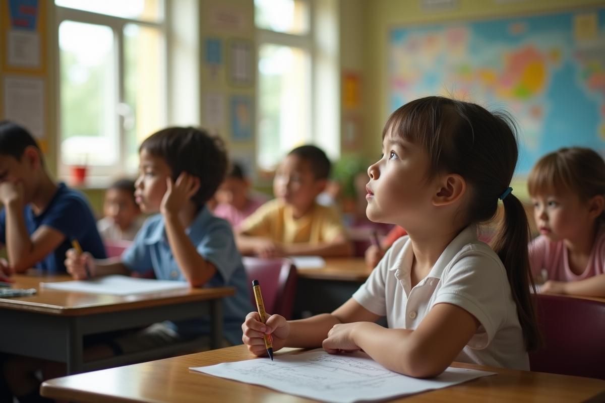 Enfant pensif regardant par la fenêtre en classe
