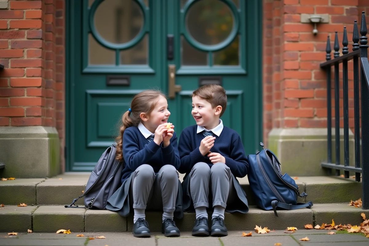 Enfants en uniforme scolaire britannique devant une école anglaise pendant les vacances scolaires en Angleterre