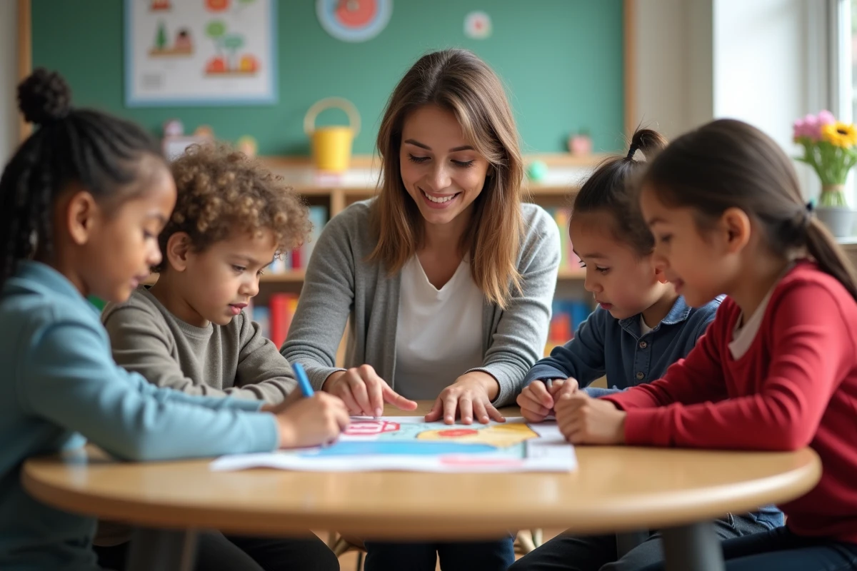Une enseignante aide des enfants à créer une affiche en classe