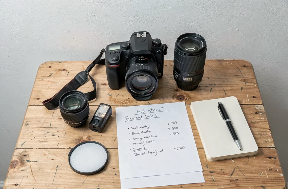 Équipement photographique professionnel et fiche de tarifs posés sur une table en bois pour illustrer le budget d'un photographe
