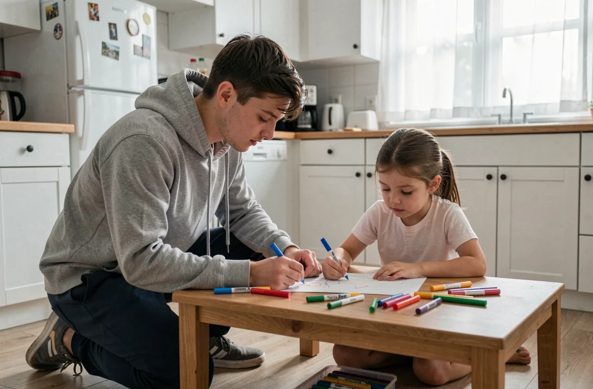 Jeune homme étudiant assurant une garde d'enfant, aidant une fillette à dessiner dans une cuisine familiale