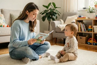 Jeune étudiante faisant du baby-sitting, lisant un livre illustré à un enfant en bas âge dans un salon chaleureux